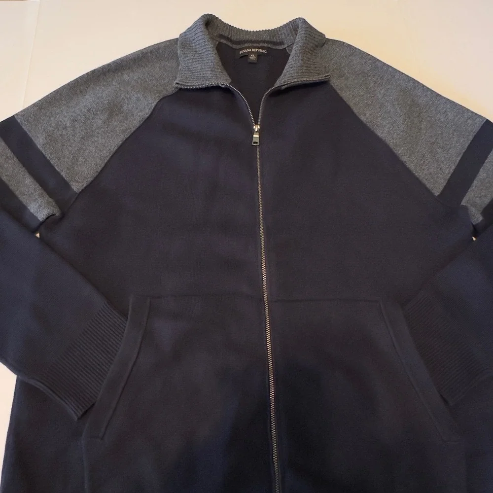 Banana Republic Mens XL Full Zip Cardigan Sweater Navy Blue Gray‎ Mock Neck Knit